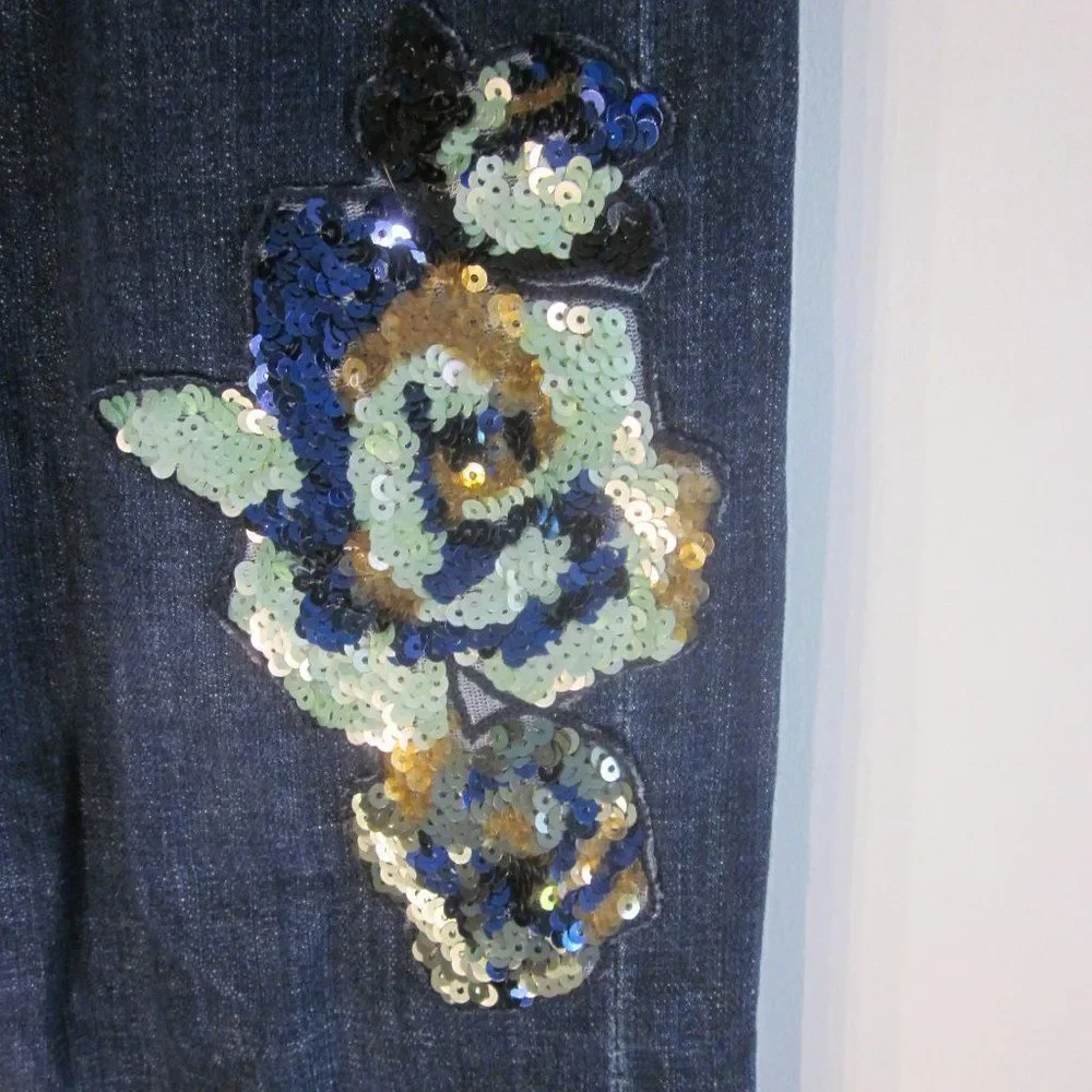 Anthropologie Pilcro Floral Sequin BOHO Slim Boyfriend Jeans Blue Denim Size 28